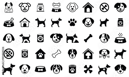 Dog icons collection pet care, animal silhouettes and paw prints. set of dog vector icons for design