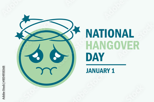 National Hangover Day poster vector illustration. Drunk emoticon with hangover and headache icon. Green sick emoji with nausea symbol. Alcohol intoxication clip art. Template for background, banner