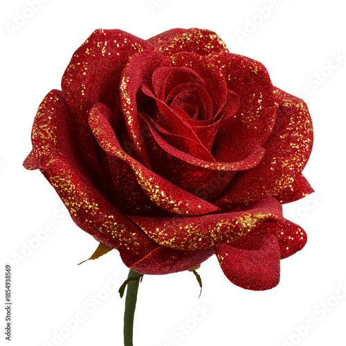 Hyper-Realistic Crimson Rose with Red Sequins and Gold Glitter Texture Isolated on White Background for Valentine's Day
