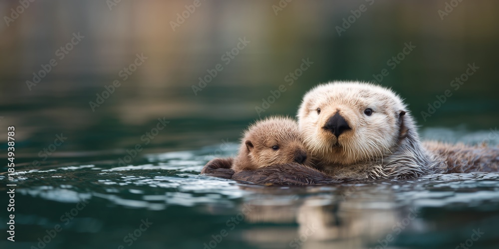 Naklejka premium Mother otter holds her baby while floating on water during the day