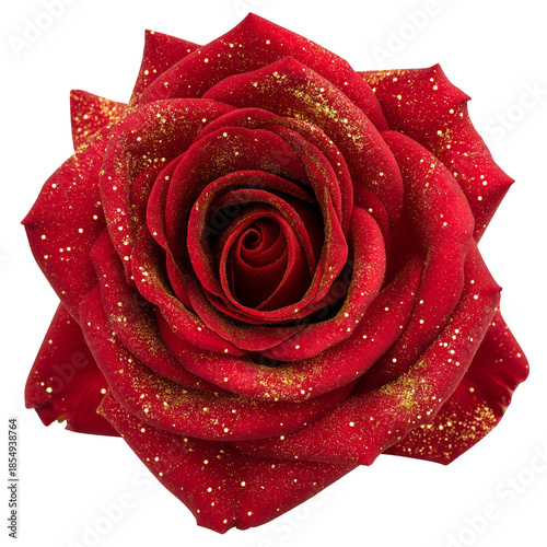 Cherry Red Rose Flower Made of Golden Glitter Confetti Texture Isolated on White