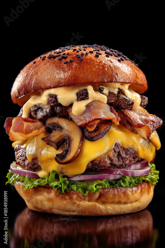 Luxury Beef Burger with Melted Cheese, Bacon and Mushrooms in Studio Lighting (PNG 3456×5184)