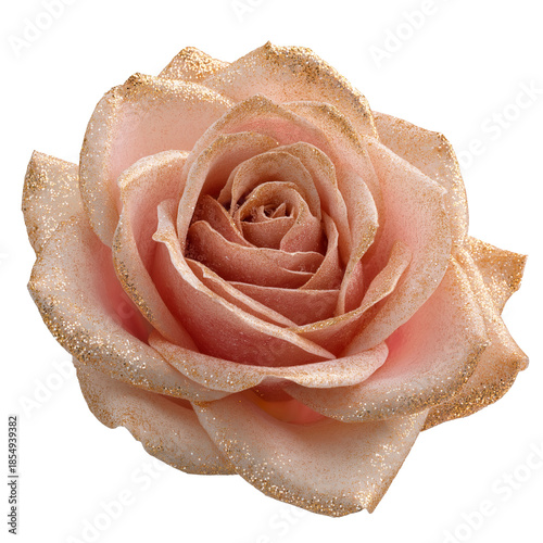Luxurious Blush Pink Rose Frosted with Champagne Gold Glitter, Isolated on White Background