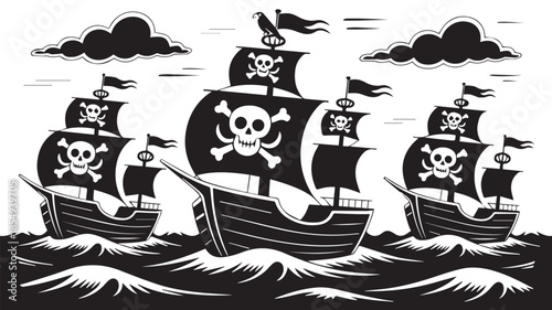 A black and white illustration of three pirate ships sailing on choppy waters (1)_traced