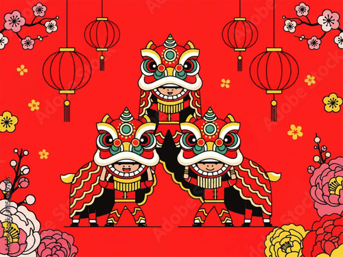 Vector flat design illustration of a traditional Chinese lion dance performance with vibrant red background, lanterns, and floral patterns.