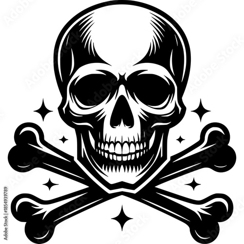 Skull and crossbones illustration on a black background symbolizing danger and death