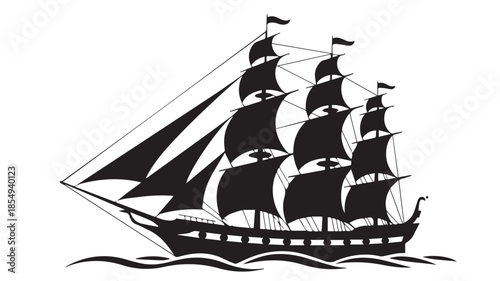 A black and white silhouette illustration of a historic sailing ship with three masts.