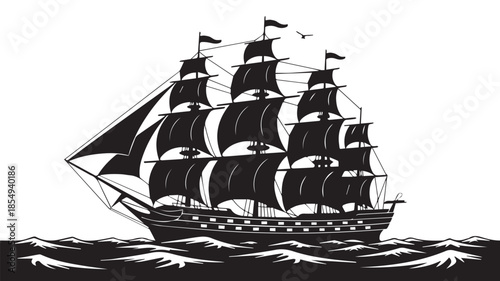 A black and white silhouette illustration of a tall sailing ship with three masts, set against a white background (2)_traced