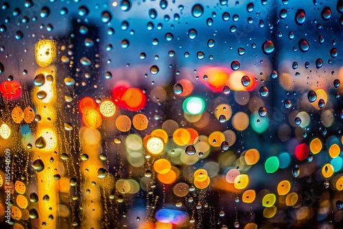 Macro Raindrops on Windowpane, Blurred City Skyline View - Stock Photo