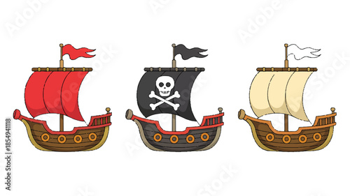 A cartoon illustration of three medieval sailing ships arranged horizontally.  (4)_traced