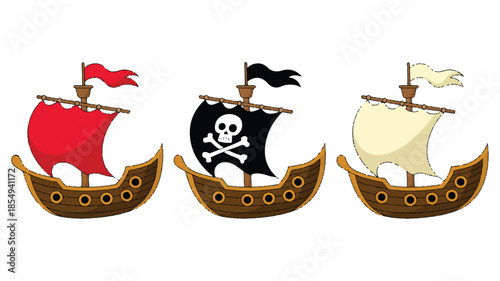 A cartoon illustration of three medieval sailing ships arranged horizontally.  (3)_traced