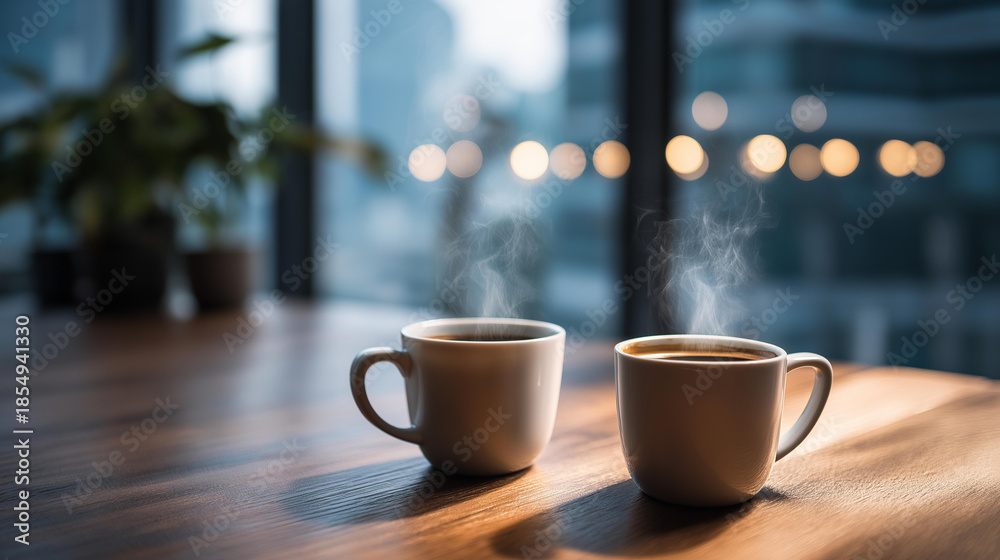 Obraz premium Steaming mugs of coffee and tea prominently displayed on polished wooden table heavily defocused blurred business setting background foregrounding focus in corporate office