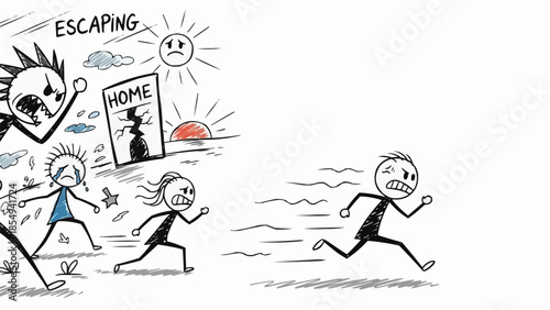 Stick figures running away from home in fear.
