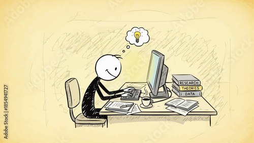 Stick figure working on computer with idea lightbulb above head.