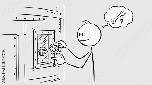 Stick figure mechanic fixing complex machinery with gears and tools.