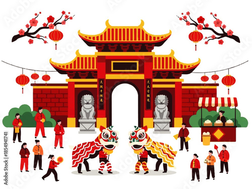 Vector flat design illustration of a vibrant Chinese gate with people and lion dancers in traditional attire, surrounded by lanterns and blossoming branches.