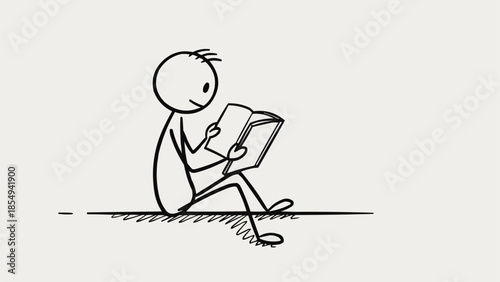 Stick figure person sitting and reading an open book.