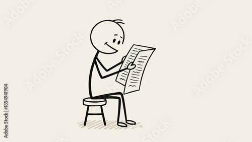 Stick figure person sitting on stool reading a newspaper.