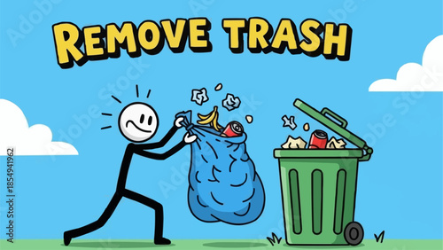 Stick Figure Person Removing Trash Bag Into Bin.