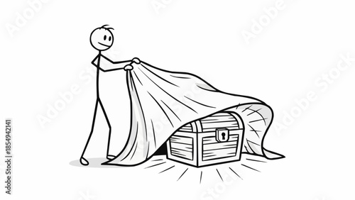 Stick figure revealing a treasure chest with a cloth.