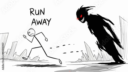 Stick figure running away from a scary shadow monster.