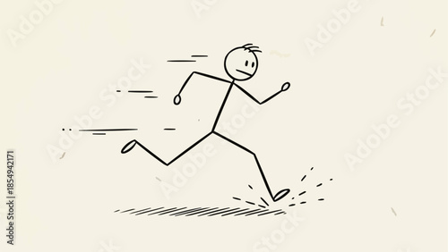 Stick figure running fast with motion lines and dust.