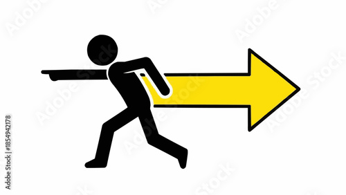 Stick figure running forward on yellow arrow indicating direction and progress.
