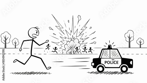 Stick figure running from police car near explosion.