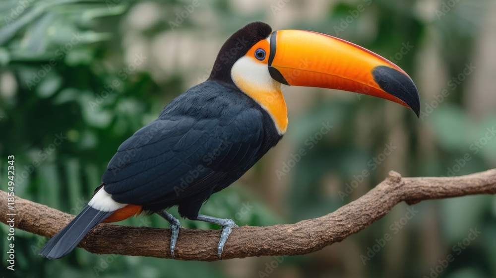 Fototapeta premium Colorful toucan perched on a branch surrounded by lush greenery, showcasing bright beak and striking plumage in natural habitat setting