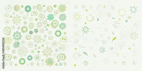 A pastel floral pattern with various abstract shapes and delicate green hues