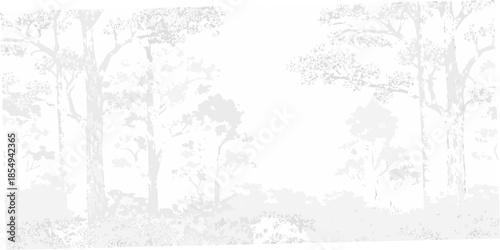 A grayscale depiction of a dense forest with tall trees and foliage