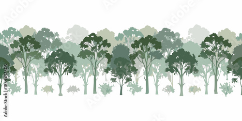 A seamless pattern depicting a dense forest of stylized trees