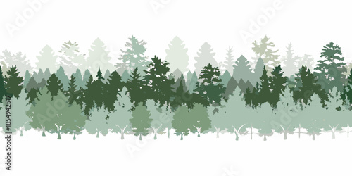 A serene forest landscape featuring layered silhouettes of evergreen trees