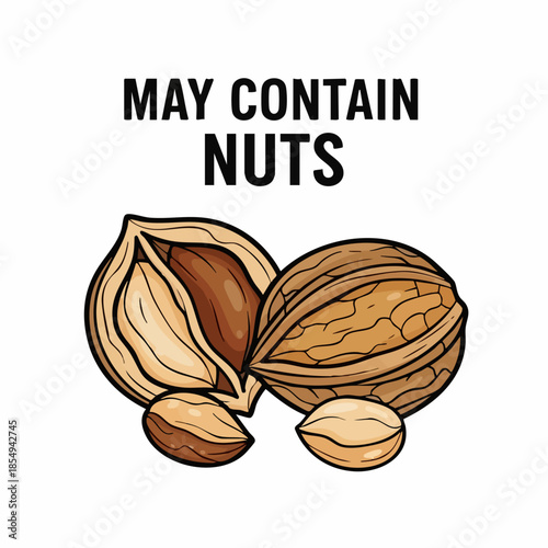 Food preparation warning with bold graphic text "May Contain Nuts" and detailed illustrations of various shelled nuts.