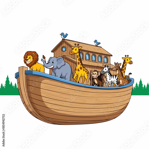 Noah's Ark illustration with friendly animals aboard wooden boat. Noah's Ark includes lion, elephant, giraffes, monkey, zebra, and birds. Whimsical Noah's Ark for children's books,