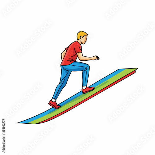 Dynamic uphill progress image, illustration of person walking up a steep, colorful slope, showing effort and determination. Uphill progress visual symbolizes challenges, advancement, and achievement.