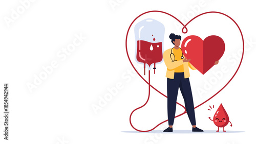 A person donating blood surrounded by a heart symbol, illustrating the act of giving life through donation.