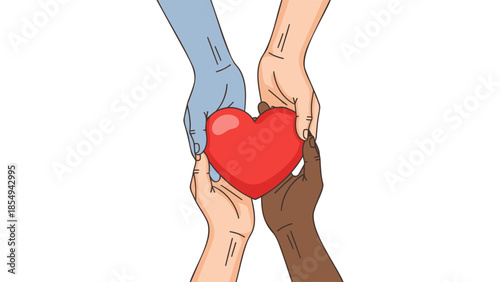 Diverse hands holding a red heart together in a symbol of unity and support