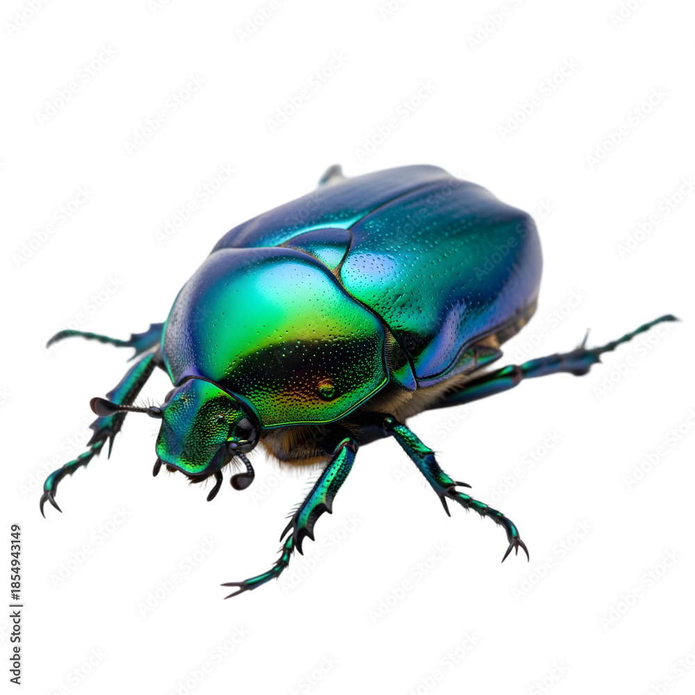 Fototapeta premium Iridescent jewel beetle against black background showing colorful metallic shell