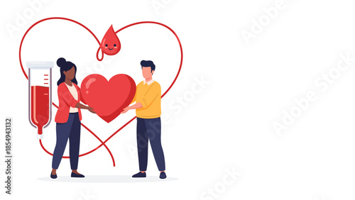 Illustration of a man and woman holding a large red heart with a blood drop above it, symbolizing blood donation