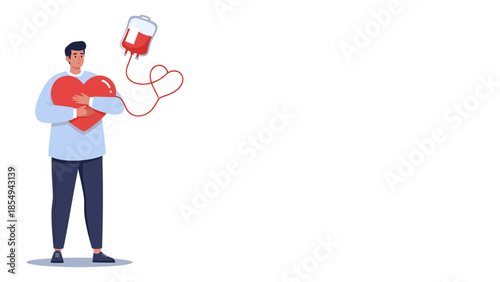 Man donates blood to save a life with a red heart and medical equipment nearby