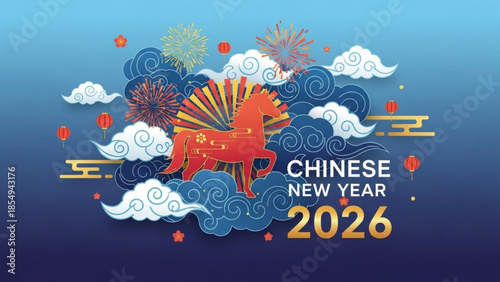 Chinese New Year Celebration 2026: An elegant design to celebrate the Chinese New Year, featuring symbols of joy, prosperity, and the spirit of a new beginning, perfect for wishing blessings.
