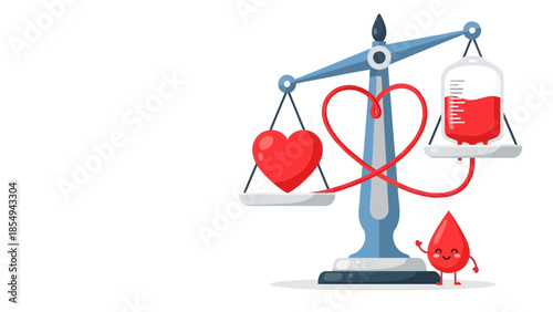 A symbolic scale balancing a heart and a blood bag, representing the equilibrium of blood donation