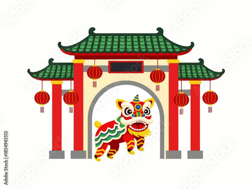 Vector flat design illustration of a lion dance performance under a traditional Chinese gate with lanterns.