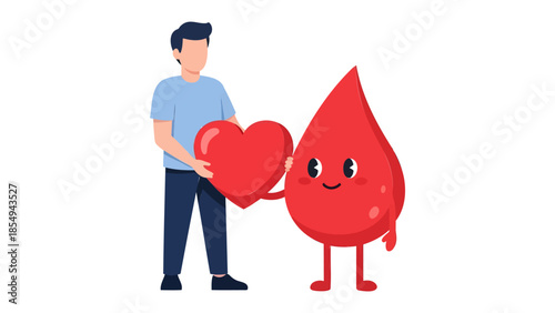 Man giving heart to a smiling drop of blood