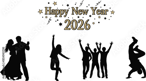 Happy New Year 2026 celebration vector, dancing silhouettes, festive party poses, confetti, stars, streamers, joyful event illustration for holiday, greeting, fun