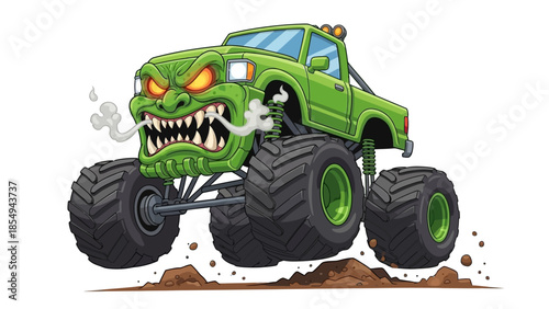 green monster truck with sharp teeth off road vehicle.
