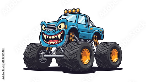 blue monster truck with big wheels.