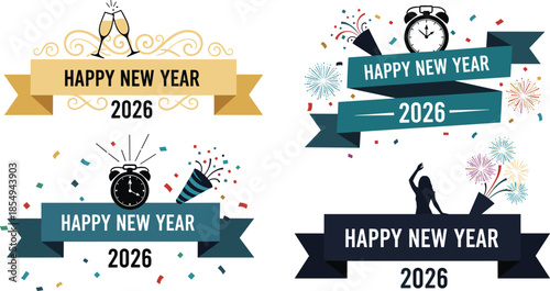 Happy New Year 2026 banner vector set, festive celebration designs with champagne, clock, fireworks, confetti, dancing silhouette, greeting, holiday theme