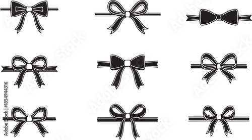 Vector illustration of a black bow set featuring decorative religious symbols and anchor icons designed as silhouette art elements for a 